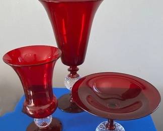 Pairpoint ruby red vases, and ruby red compote with controlled bubble base.