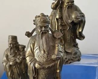 Bronze Chinese 3 longevity God Fu Lu Shou Life tongzi Ruyi statues.