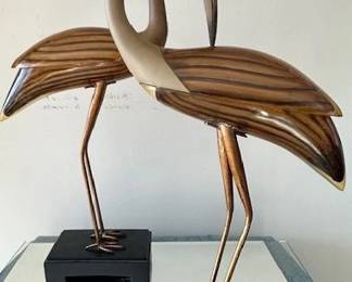 Pair of Kinder Line brass/lucite egret crane bird sculptures (crack in one bird)