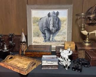 Rhino print, humidor, antique pipe holder, Chapman faux horn /brass candle holder.