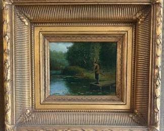 #66. Oil on canvas Man fishing by Evans, 9"x9.5" and framed 19.5"x21".
