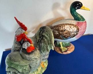 Vintage Majolica rooster tureen with ladle and Fitz & Floyd vintage mallard soup tureen with ladle.