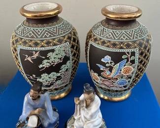 2 Vintage Japanese Satsuma Moriage ceramic vases and 2 Chinese Glay Mud Men.