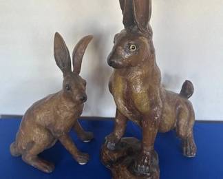 2 Vintage resin rabbits (one on wooden base) by Dept. 56