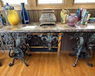 Granite top and cast iron console, 6'4" wide, 20" deep and 34.t" tall.