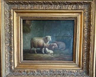 #31. Oil on canvas sheep by J. Reynolds, 9.5"x9", framed 17"x14.5".