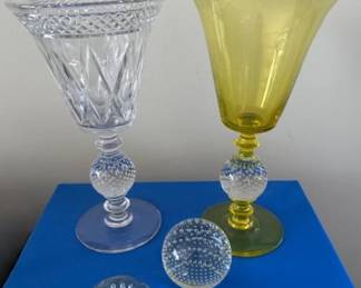 Pairpoint glass 12" crystal chalice vase, chalice blown glass vase and paper weights.