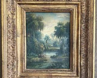 #74. Oil on canvas Tropical swamp by Davis.  9.5"x7.5" and framed 16.5"x14.5".