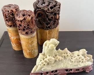 3 large Chinese carved soapstone dragon seal stamps, and Chinese soapstone carving of a mountain village.