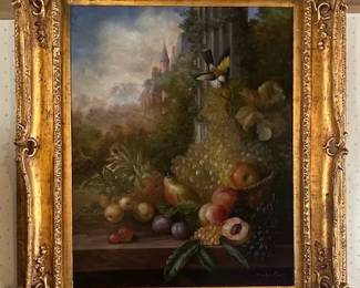 #30. Oil on canvas flowers and birds by Schroter, 30"x23" and framed 42"x35.