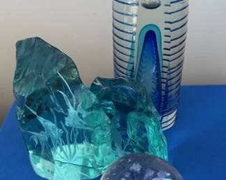 Crystal hand blown glass sculptures, art glass vase and paper weight.
