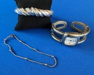 Vintage Jem sterling bangle bracelet, sterling necklace and vintage Shannon watch.