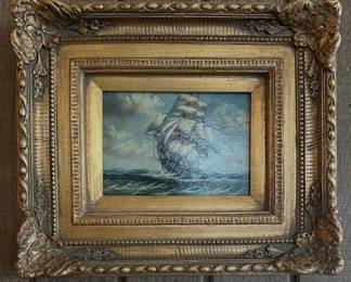 #82. Oil on canvas Ship by Sanders. 5"x6.5" and framed 11.5"x13".