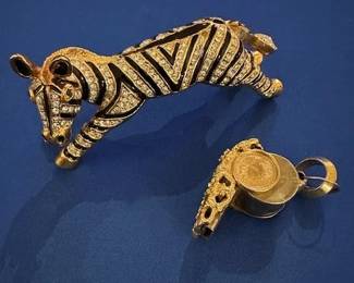 Vintage 4" zebra shoulder brooch by Joanna Buchanan enamel & rhinestones pin and vintage whistle.