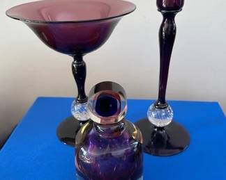 Pairpoint amethyst compote and candlestick, Murano art glass perfume bottle.