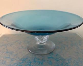 Art Deco blue glass compote with clear glass twist stem.