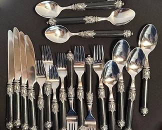 Hampton San Remo black handled and stainless flatware set  (service for 4 with 5 piece place settings).