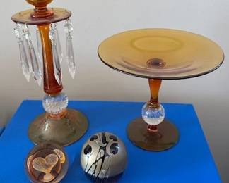 Pairpoint luster candlestick, Pairpoint amber compote and 2 paperweights.