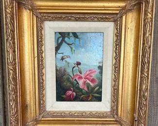 #26. Oil on canvas Hummingbirds with flowers signed by Tyson, 4.5"x6.5" and framed 14"x15".