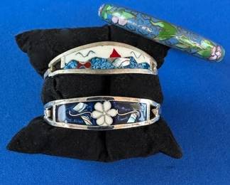 Vintage Alpaca Mexico turqoise lapis inlayed bracelets, vintage cloisonne enameled bangle bracelet and sterling silver braided bangle bracelet. 