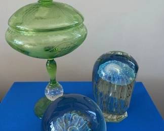 Pairpoint art glass compote, jellyfish paper weight, sealife paper weight.