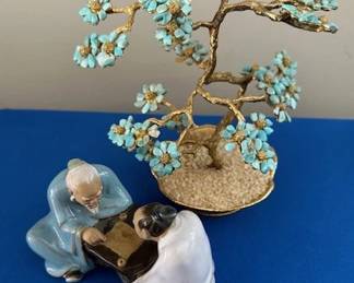 Bonsai gem (turqoise) tree and 2 Chinese Mudmen playing Xiangqi.
