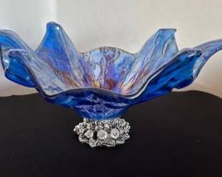 13" Cobalt blue and silver platted base Italian art glass.