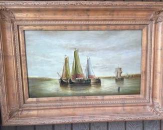 #7. Oil on Canvas sailboats by Jean Laurent, 23"x13.5" art, with frame 34"x24.5".