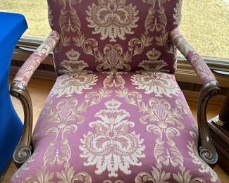 Gentleman's French Louis XV style arm chair, upholstered in Damask pattern.