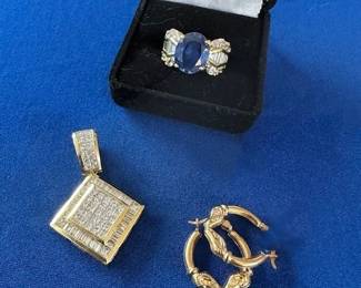 14k oval sapphire and diamond ring, 18k and diamond pendant, 14k earrings.