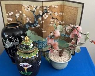 Chinese Cloisonne vases, Japanese mini folding screen and Chinese glass flower bonsai.