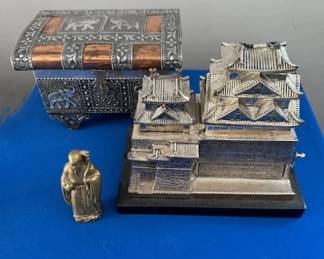 Vintage, silver-plated model of Himeji Castle cigarette dispenser (on right), Elephant designed wood, tin and copper jewelry box.