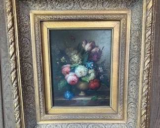 #33. Oil on canvas Flowers by Eyre, 7.5"x10" and framed 18"x21".