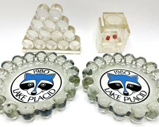 Vintage Dice Tumbler Box, Lucite Book End & 2 1980 Lake Placid Ashtrays
Lot #: 171