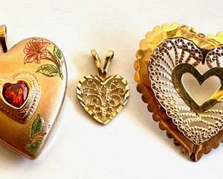 3 Gold Heart Pendants Including Locket, Largest 14K Gold
Lot #: 8