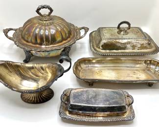 Vintage Silver Plate Covered Serving Platters, Gravy Boat & Butter Dish
Lot #: 165