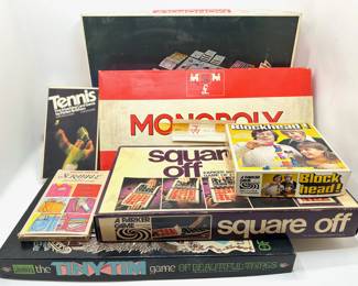 7 Mostly 1970s Board Games: 2 Monopoly, Square Off, The Tiny Tim Game, Scrabble, Tennis & Block Head
Lot #: 192