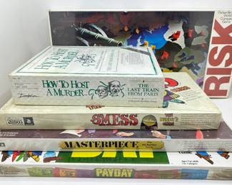 New In Factory Plastic Mostly 1970s Board Games: Risk, Smess, Masterpiece, Payday & How To Host A Murder
Lot #: 190