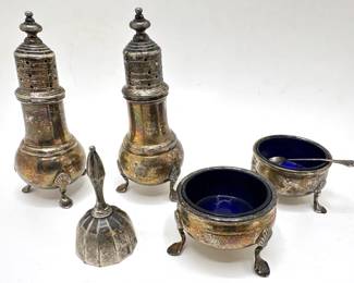 Sterling Silver Bell & Salt Cellar With Cobalt Glass Insert & Asian Silver Salt Cellar & Salt & Pepper Shakers
Lot #: 25