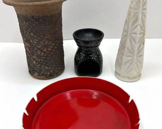 Vintage Enameled Metal Ashtray, Milk Glass Vase, Pottery Vase & Indian Votive Candle Holder
Lot #: 155
