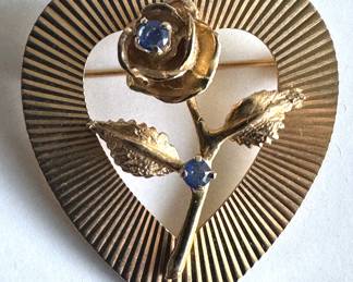 14K Gold Rose In Heart With Blue Gemstone Brooch Pin
Lot #: 7