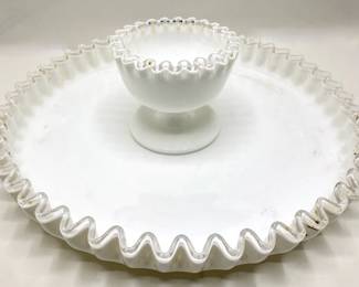 Vintage Fenton Milk Glass Platter With Matching Pedestal Bowl With Ruffled Edges
Lot #: 39