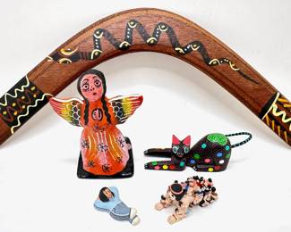 Authentic Aboriginal Australian Boomerang & 4 Mexican & Native American Style Figurines
Lot #: 153
