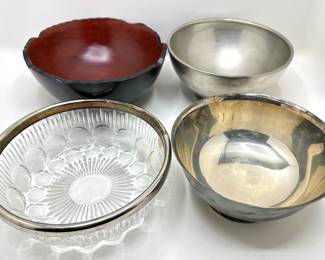 4 Bowls: Wood, Crystal, Silver Plate & Pewter With Monogram From 1977 Tennis Tournament
Lot #: 114