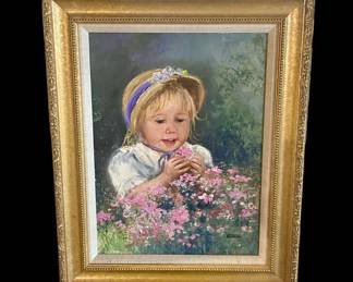 Artist: Diane Dengel / Girl in Garden / 17" wide  x  21" tall with frame