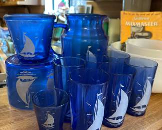 Hazel atlas Cobalt Blue sailboat Set