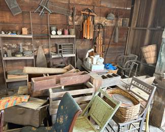 Vintage crates and boxes, sleds, chairs 