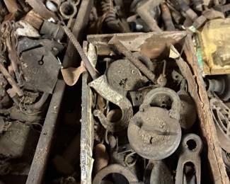 Tons of antique locks, hinges, knobs, pulleys 