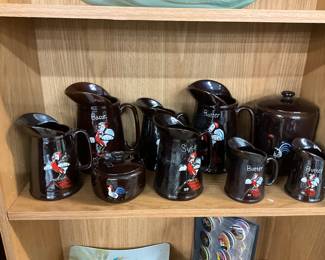 Rooster Luster Brownware Pieces including Pancake Batter, Syrup & Butter Pitchers and Canister  