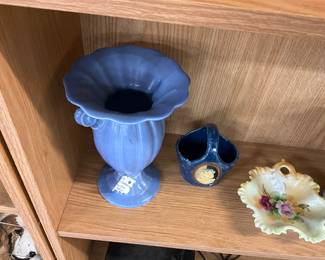 Czech Blue Pottery Vase - Mt Clemens Pottery Camio Basket